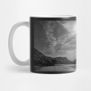The iconic Three Cliffs Bay on Gower, Wales in black and white Mug